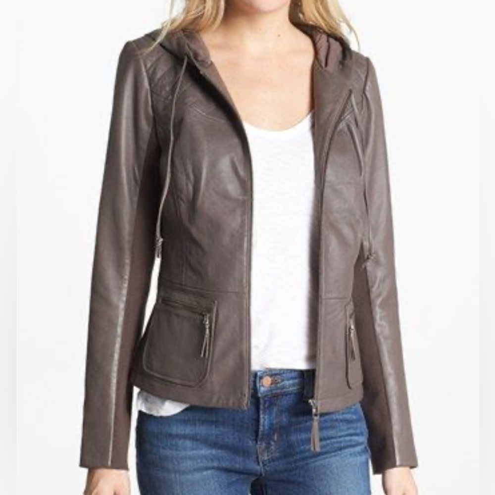Hinge hooded leather zip taupe Jacket Women’s Sz M
